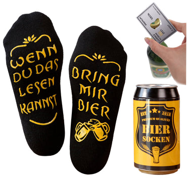 Bier Socken in einer Bierdose mit Flaschenöffner aus Edelstahl in Kreditkarte Optik, Geburtstagsgeschenk für Männer, Vatertag, Männer Geschenk, 37-44