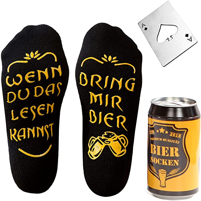 Herren Socken mit Bier Spruch, Geburtstagsgeschenk  - Baumwolle Socken mit Flaschenöffner aus Edelstahl in PikAss Silber, Geschenke für Männer zum Geburtstag