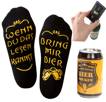 Bier Socken in Dose mit Edelstahl-Flaschenöffner in American Express Optik, Bier Geschenke für Männer zum Geburtstag, Vatertag, Herren Socken,  37-44