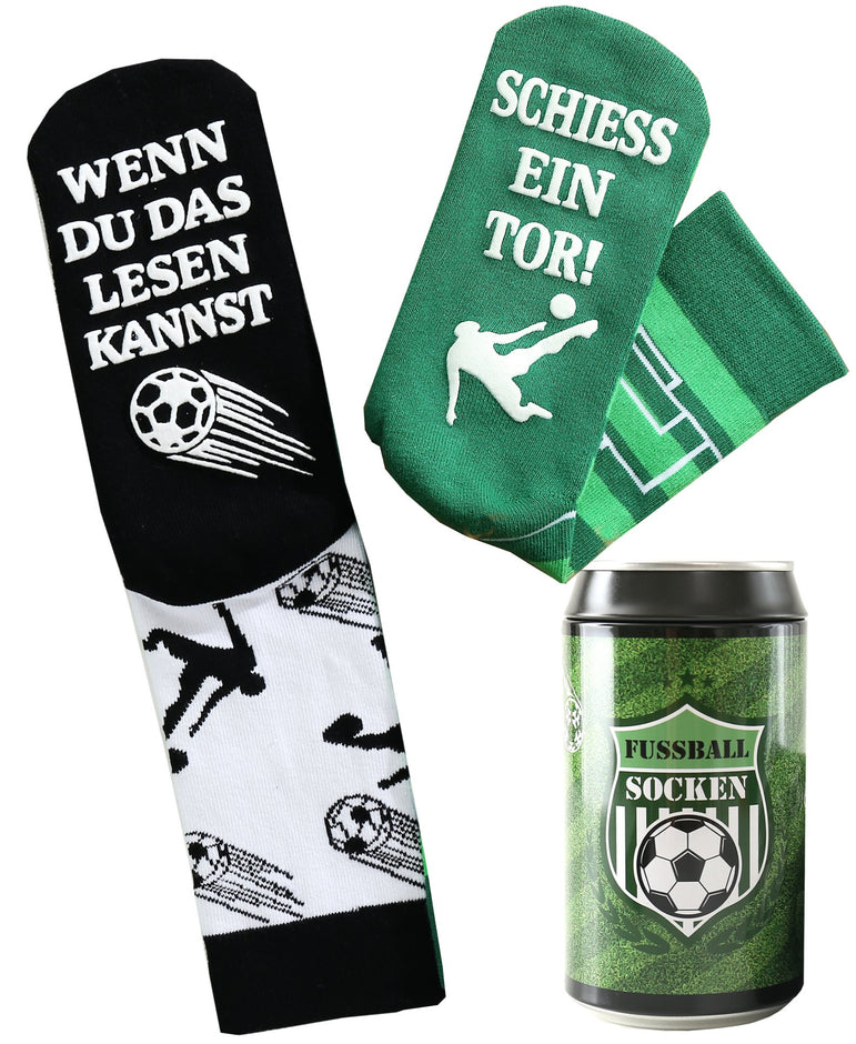 Fussball Socken Sportler in Geschenk-Dose, Geschenk für Männer zum Fussball Abend, Odd-Socks, WENN DU DAS LESEN KANNST, SCHIESS EIN TOR!, 39-46