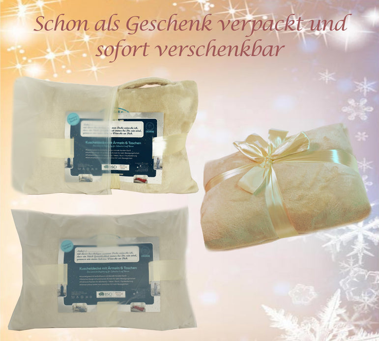 Kuscheldecke mit Ärmeln und Taschen, Geburtstagsgeschenk für Frauen, Geschenk für Mama, Freundin, Schwester, Sofa TV Decke, Kuscheldecke, TV-Decke 150x200 cm (Sand)