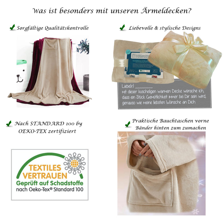 Kuscheldecke mit Ärmeln und Taschen, Geburtstagsgeschenk für Frauen, Geschenk für Mama, Freundin, Schwester, Sofa TV Decke, Kuscheldecke, TV-Decke 150x200 cm (Sand)
