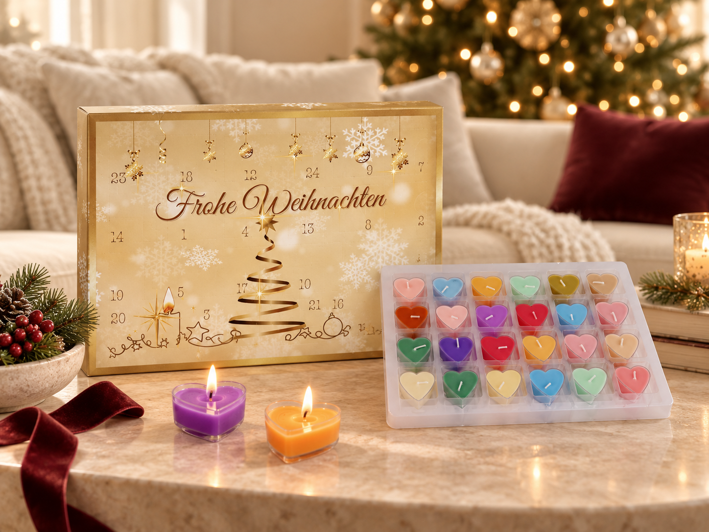 Der goldene Duftkerzen-Adventskalender in einer gemütlichen weihnachtlichen Wohnszene