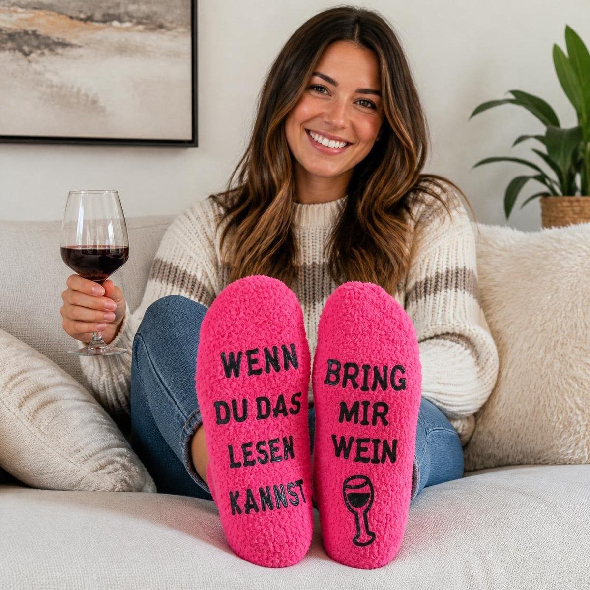 Frau mit LUCADEAU Wein-Socken und gut lesbarem Spruch auf den Sohlen