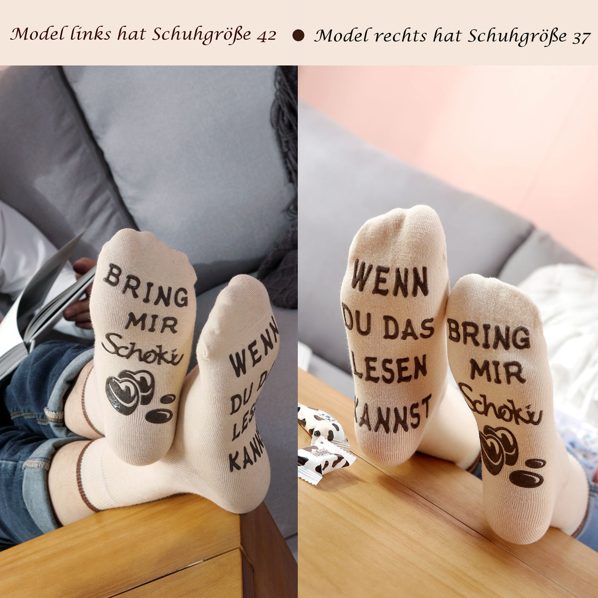 Schokolade-Socken, Spruch auf der Sohle, WENN DU DAS LESEN KANNST, BRING MIR Schoki, Geburtstagsgeschenk für Frauen, Geschenk, Beige, 36-43
