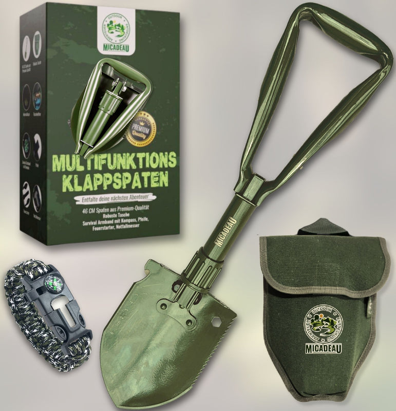 Klappspaten, Garten Spaten, Schaufel aus robustem Karbonstahl, Geschenk für Männer, Papa Geschenk, ideal fürs Abenteuer, Zelten, Outdoor, Camping, inkl. Survival-Armband, Tasche (Oliv)