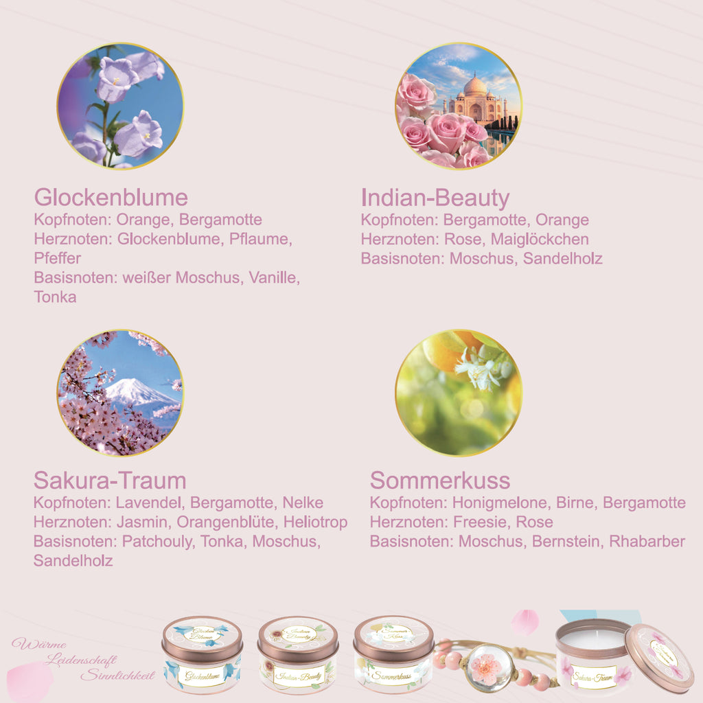 Geschenkset für Frauen, 4 x Duftkerzen mit echter Kirschenblüte-Armband, Geburtstagsgeschenk für Mama, Schwester, Freundin