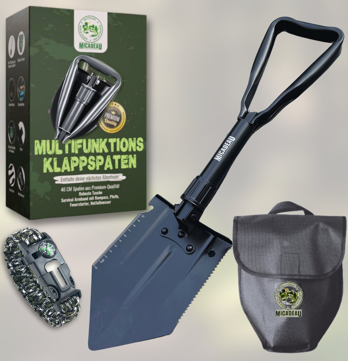 Klappspaten, Geburtstagsgeschenk für Männer, Garten Spaten, Schaufel aus robustem Karbonstahl inkl. Gürteltasche und Survival-Armband, ideal fürs Abenteuer, Zelten, Outdoor (Schwarz)
