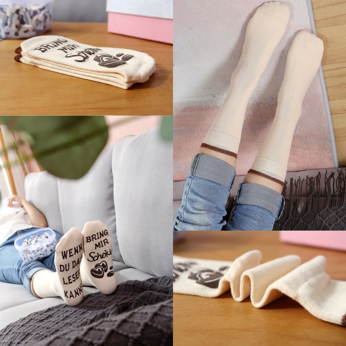 Schokolade-Socken, Spruch auf der Sohle, WENN DU DAS LESEN KANNST, BRING MIR Schoki, Geburtstagsgeschenk für Frauen, Geschenk, Beige, 36-43