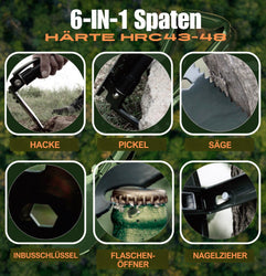 Klappspaten, Garten Spaten, Schaufel aus robustem Karbonstahl, Geschenk für Männer, Papa Geschenk, ideal fürs Abenteuer, Zelten, Outdoor, Camping, inkl. Survival-Armband, Tasche (Oliv)