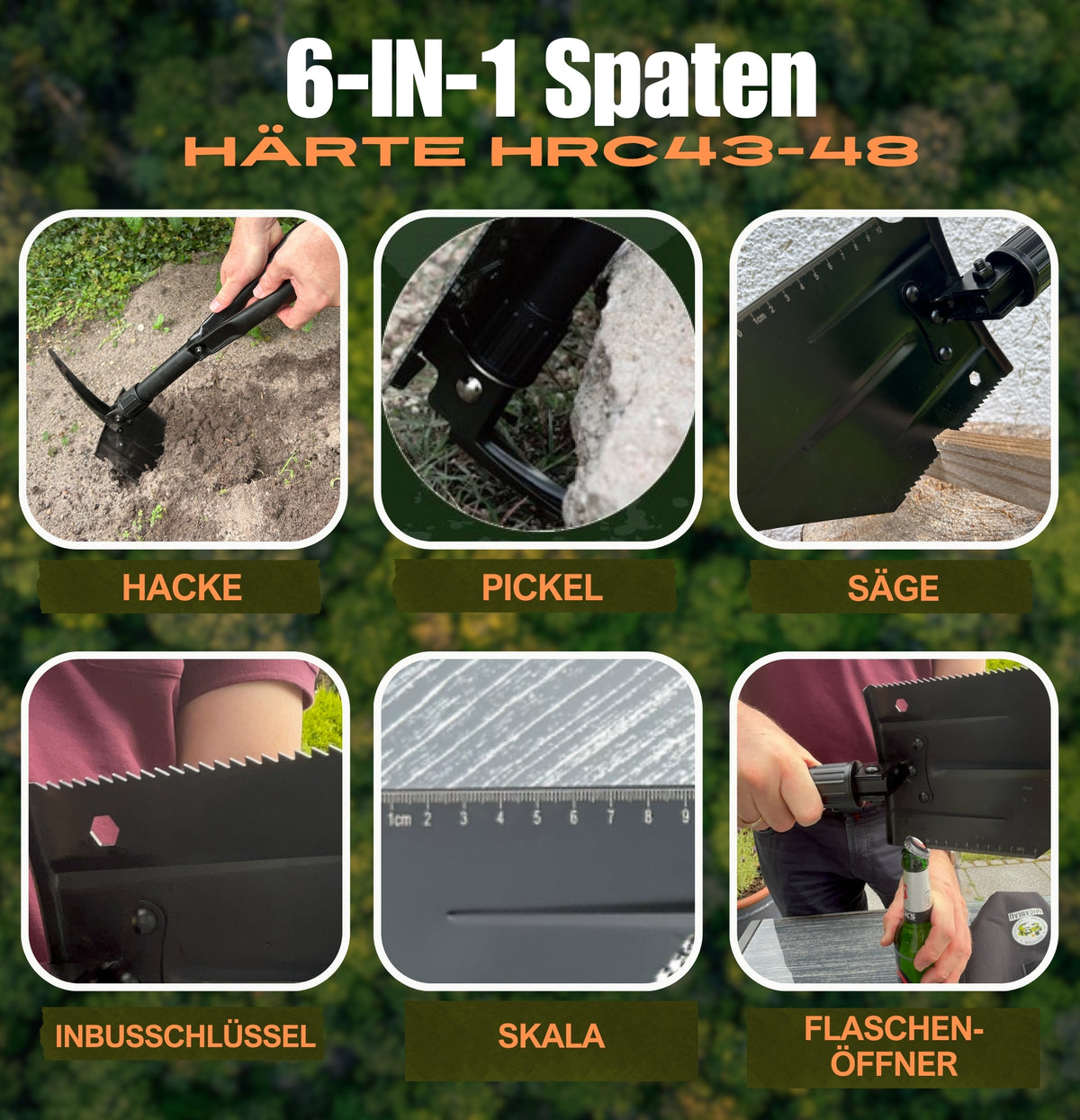 Klappspaten, Geburtstagsgeschenk für Männer, Garten Spaten, Schaufel aus robustem Karbonstahl inkl. Gürteltasche und Survival-Armband, ideal fürs Abenteuer, Zelten, Outdoor (Schwarz)