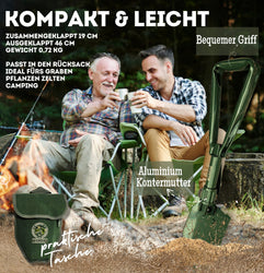 Klappspaten, Garten Spaten, Schaufel aus robustem Karbonstahl, Geschenk für Männer, Papa Geschenk, ideal fürs Abenteuer, Zelten, Outdoor, Camping, inkl. Survival-Armband, Tasche (Oliv)