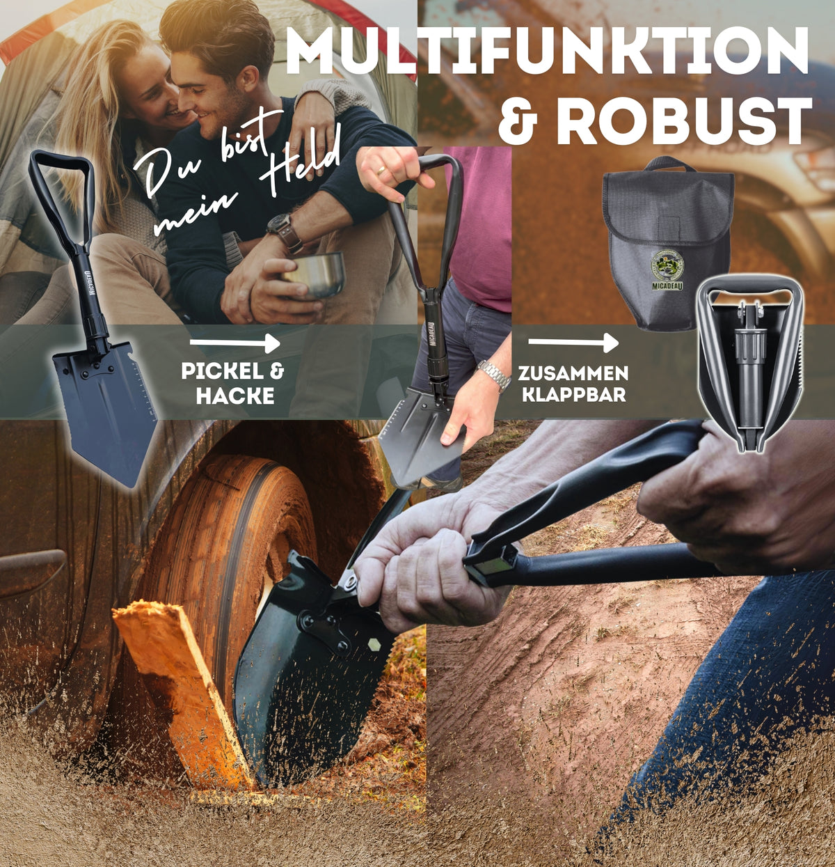 Klappspaten, Geburtstagsgeschenk für Männer, Garten Spaten, Schaufel aus robustem Karbonstahl inkl. Gürteltasche und Survival-Armband, ideal fürs Abenteuer, Zelten, Outdoor (Schwarz)