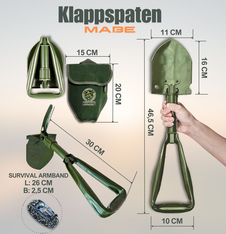 Klappspaten, Garten Spaten, Schaufel aus robustem Karbonstahl, Geschenk für Männer, Papa Geschenk, ideal fürs Abenteuer, Zelten, Outdoor, Camping, inkl. Survival-Armband, Tasche (Oliv)