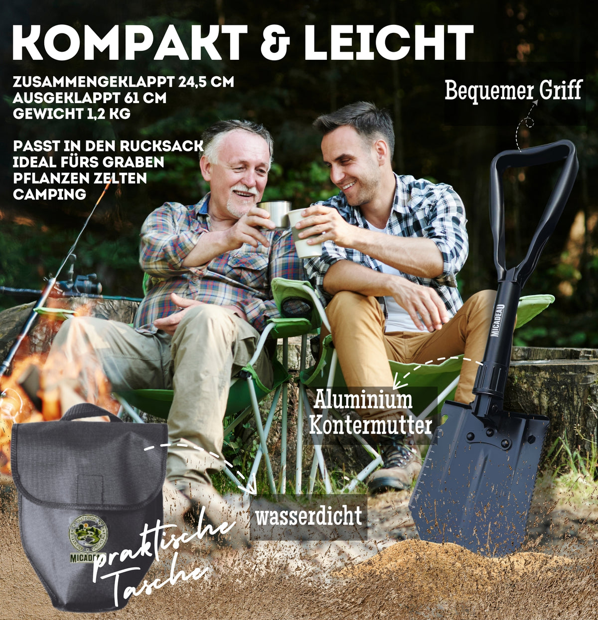 Klappspaten, Geburtstagsgeschenk für Männer, Garten Spaten, Schaufel aus robustem Karbonstahl inkl. Gürteltasche und Survival-Armband, ideal fürs Abenteuer, Zelten, Outdoor (Schwarz)