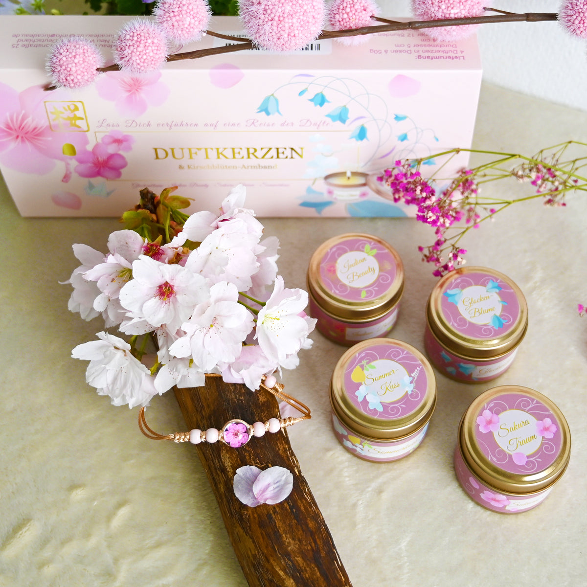Geschenkset für Frauen, 4 x Duftkerzen mit echter Kirschenblüte-Armband, Geburtstagsgeschenk für Mama, Schwester, Freundin