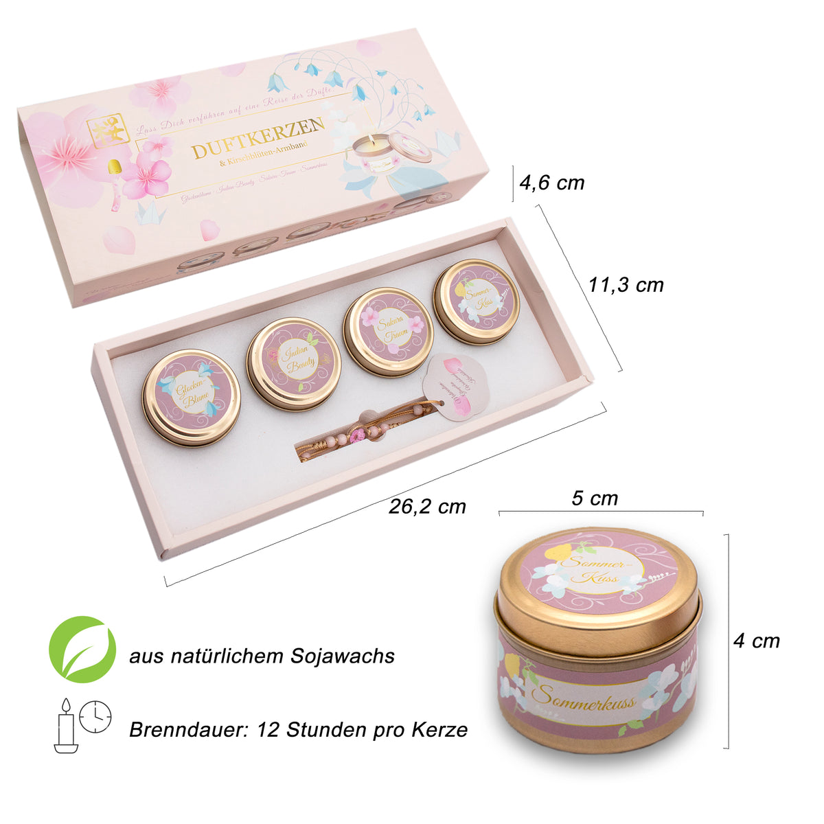 Geschenkset für Frauen, 4 x Duftkerzen mit echter Kirschenblüte-Armband, Geburtstagsgeschenk für Mama, Schwester, Freundin