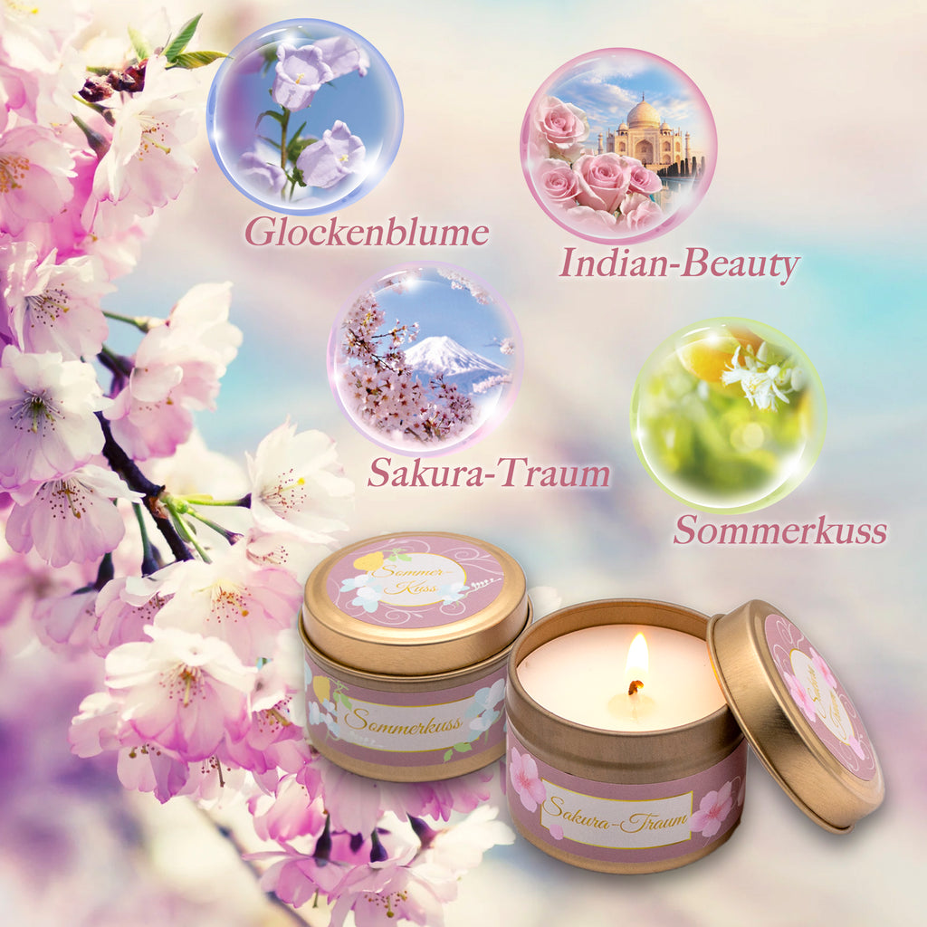 Geschenkset für Frauen, 4 x Duftkerzen mit echter Kirschenblüte-Armband, Geburtstagsgeschenk für Mama, Schwester, Freundin