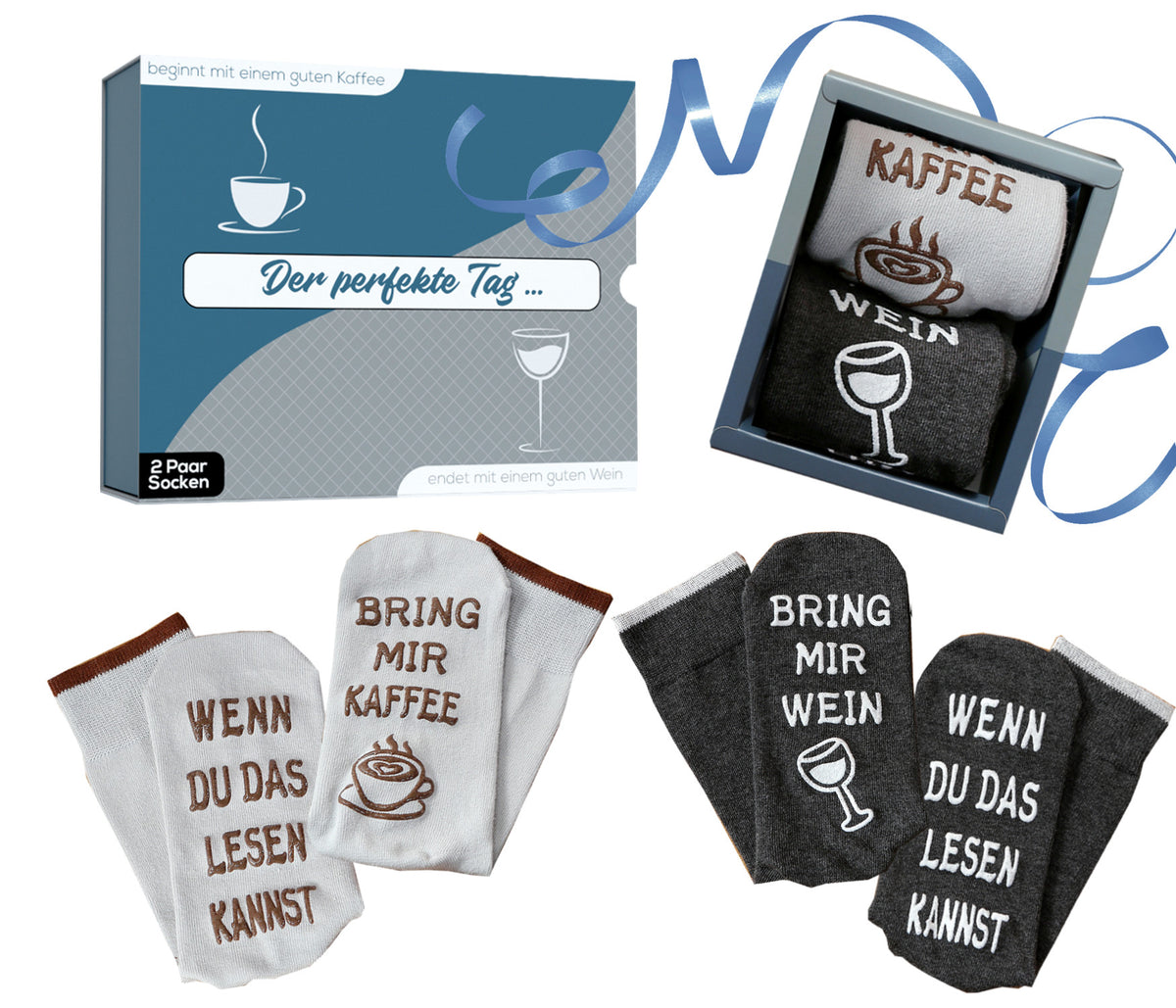 Socken Geschenkset für Frauen und Männer mit Spruch auf Sohle, Bring mir Wein, Kaffee, 2 Paar Socken, Geburtstagsgeschenke Frauen, 36-43