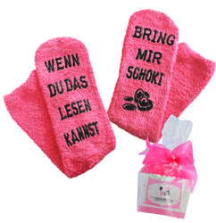 Schoki Kuschelsocken "Wenn du das lesen kannst, bring mir Schoki", Geschenke für Frauen, Schwester, Geburtstagsgeschenk