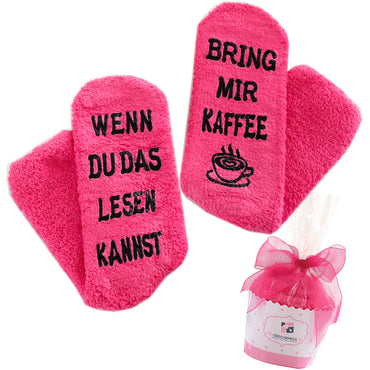 Geschenk für Frauen, Kuschelsocken mit Spruch Wenn du das lesen kannst, bring mir Kaffee,  Geburtstagsgeschenk, rosa, 36-43