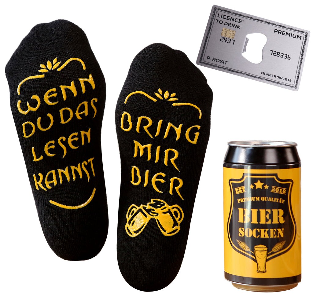 Bier Socken mit Flaschenöffner aus Edelstahl in GOLD, als Geburtstagsgeschenk für Männer, Baumwolle Socken Herren, 37-44
