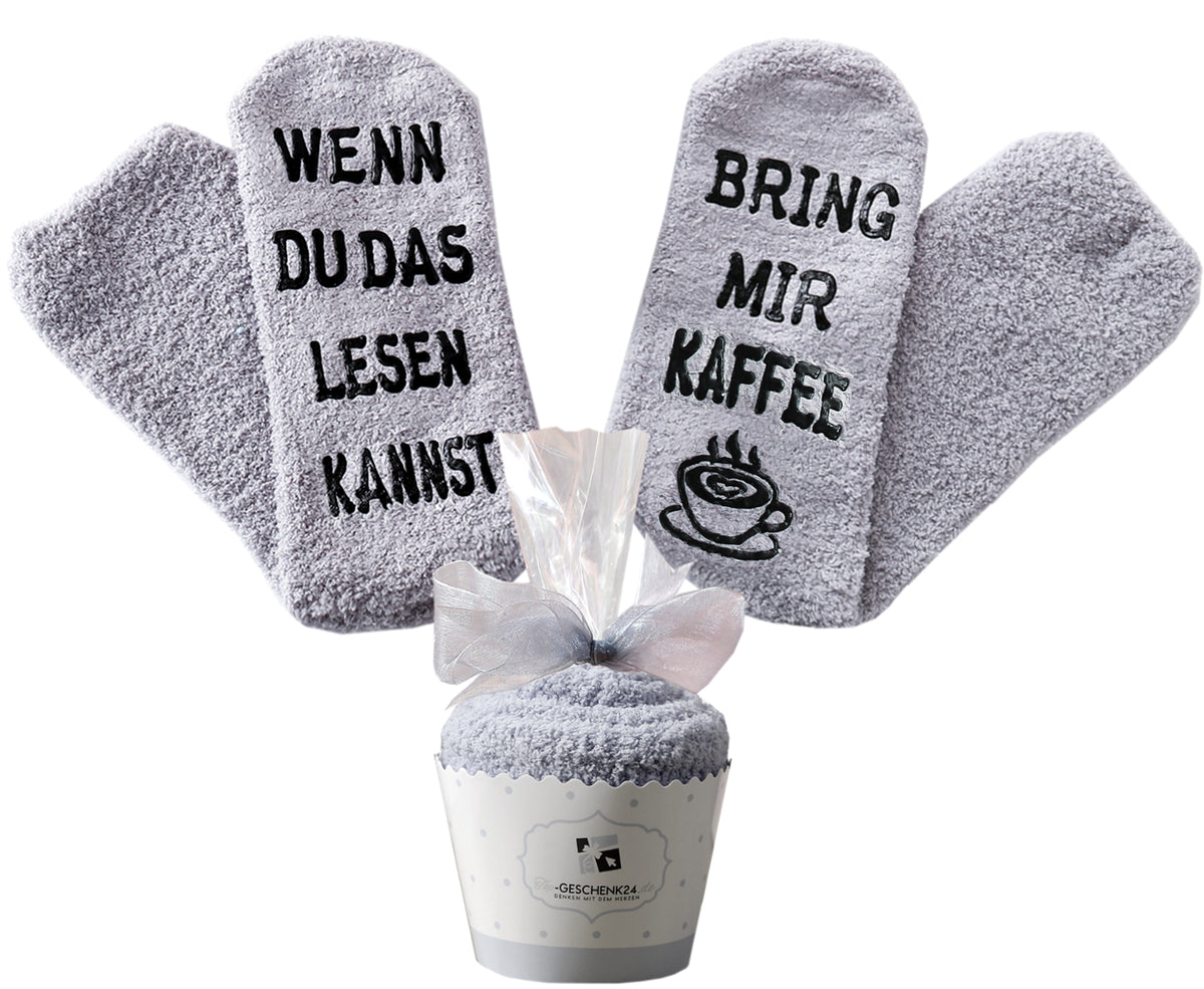 Geschenk für Frauen, Kuschelsocken mit Spruch Wenn du das lesen kannst, bring mir Kaffee,  Geburtstagsgeschenk, grau, 36-43
