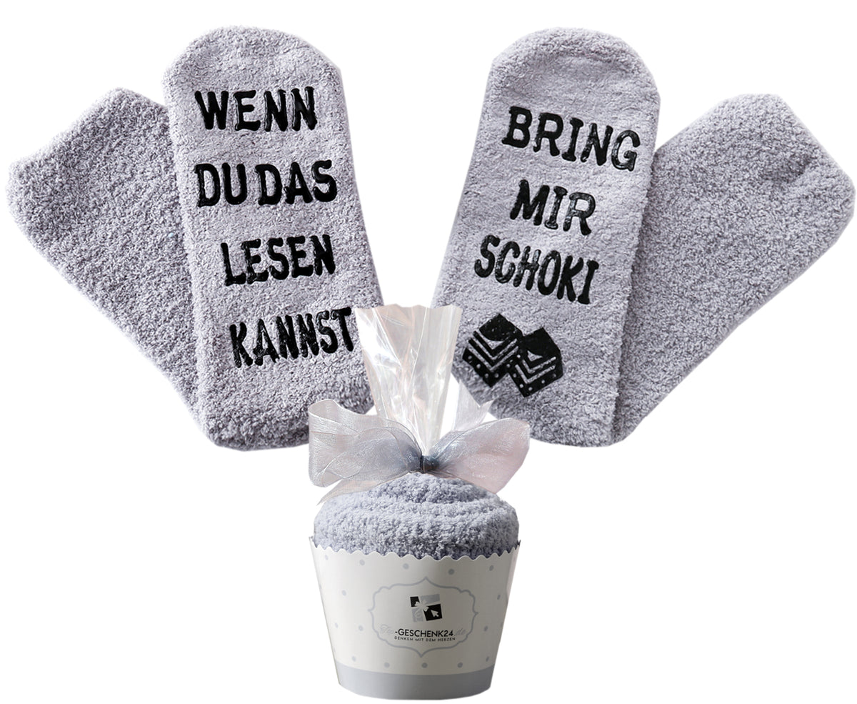 Kuschelsocken Frauen mit Spruch "Wenn du das lesen kannst bring mir Schoki" , Geburtstagsgeschenk Mama, Freundin, Schwester, 36-43