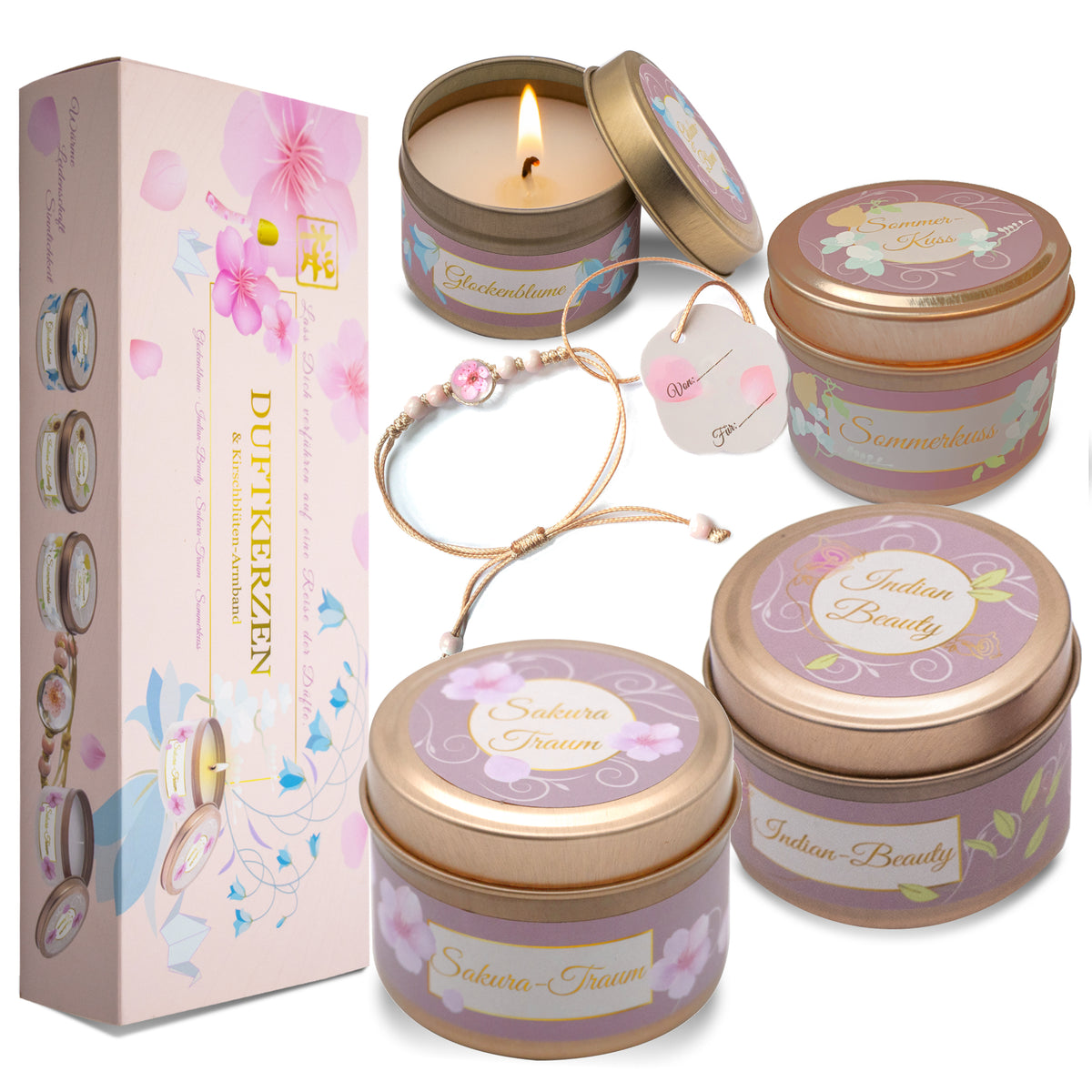 Geschenkset für Frauen, 4 x Duftkerzen mit echter Kirschenblüte-Armband, Geburtstagsgeschenk für Mama, Schwester, Freundin