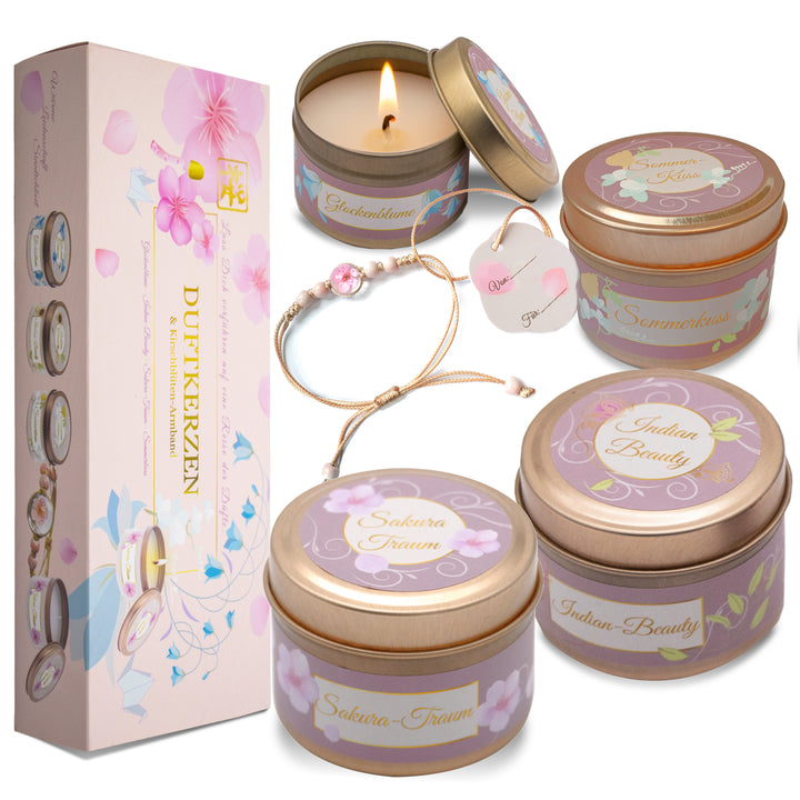 Geschenkset für Frauen, 4 x Duftkerzen mit echter Kirschenblüte-Armband, Geburtstagsgeschenk für Mama, Schwester, Freundin