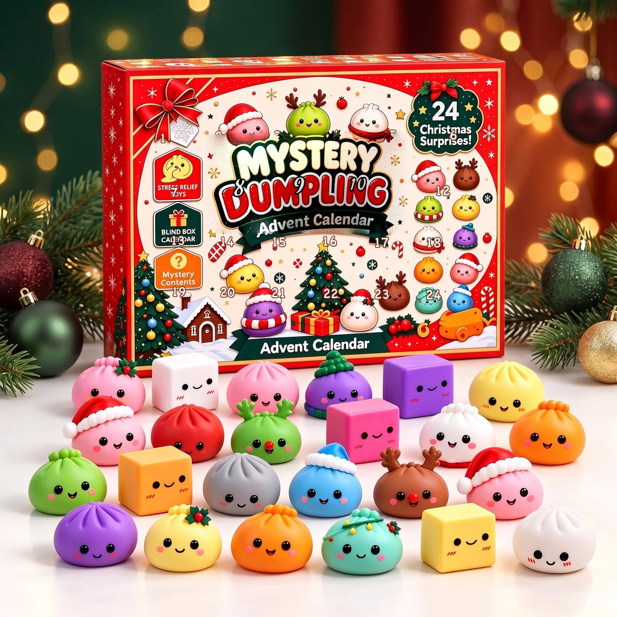 Die 24 Mochi-Squishies vor der Geschenkbox