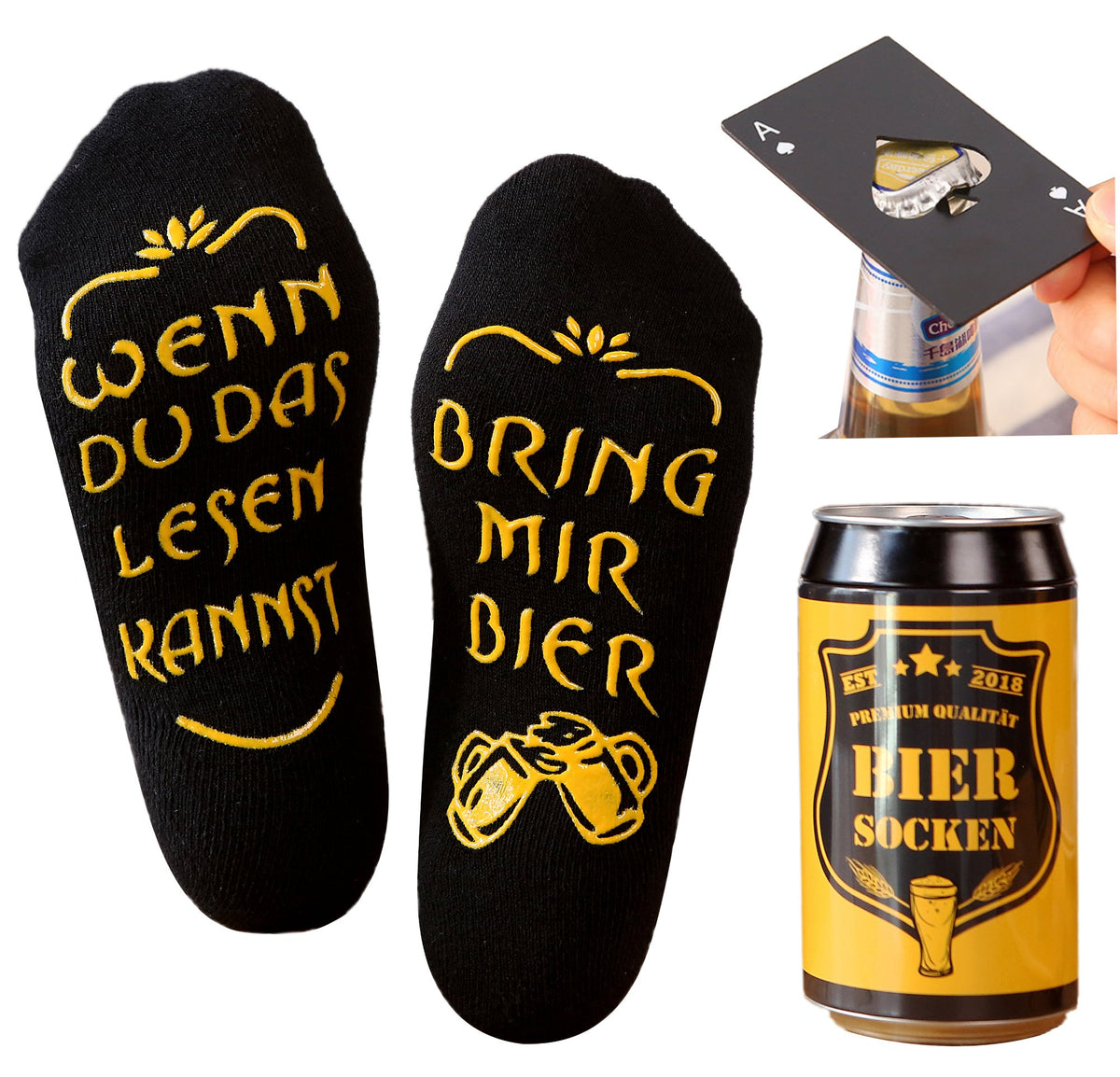 Bier Socken mit Flaschenöffner aus Edelstahl in schwarzem PIKASS Design,  Socken mit Spruch, Geschenke für Männer zum Geburtstag, 37-44