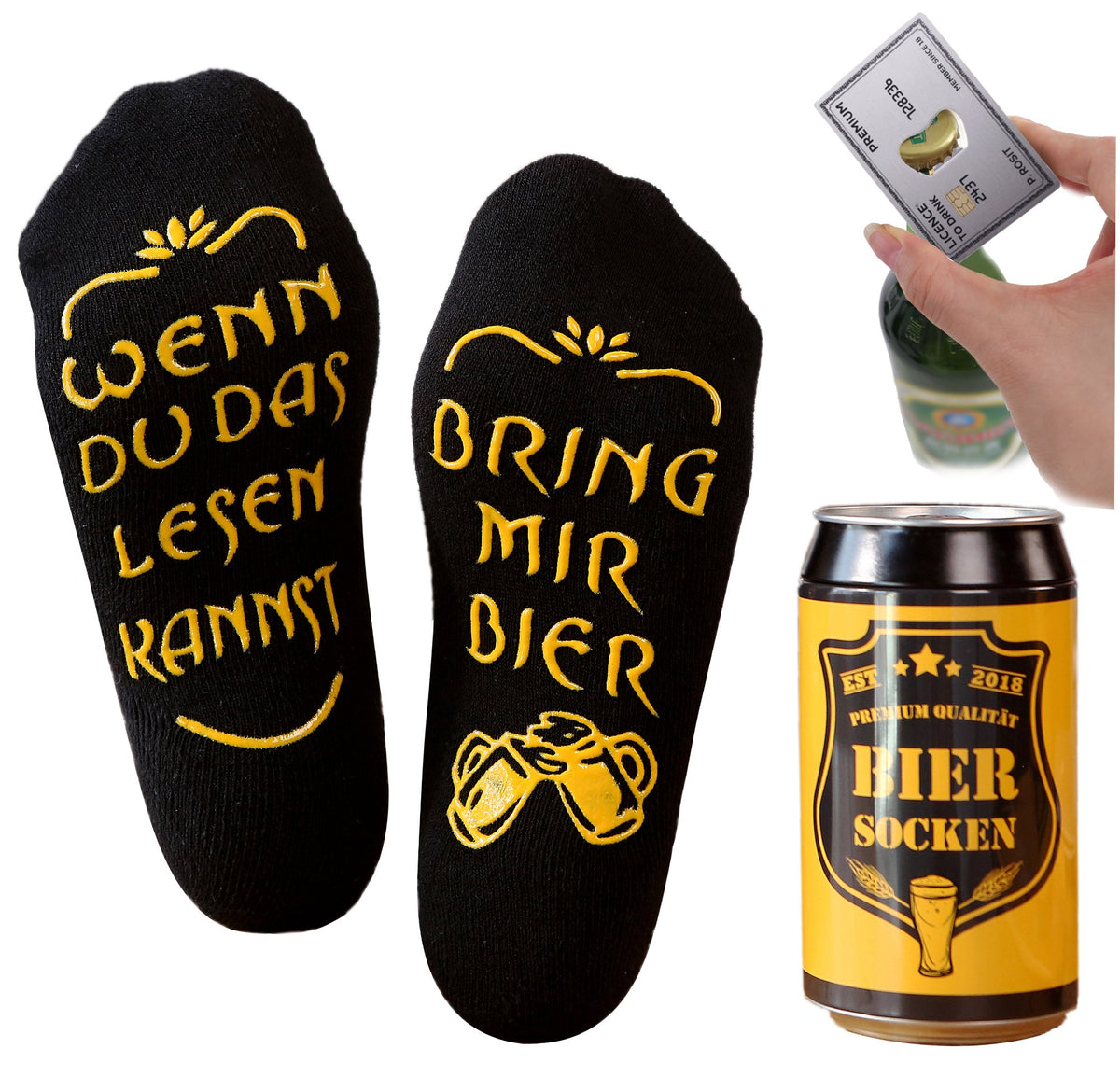 Bier Socken in einer Bierdose mit Flaschenöffner aus Edelstahl in Kreditkarte Optik, Geburtstagsgeschenk für Männer, Männer Geschenk, 37-44