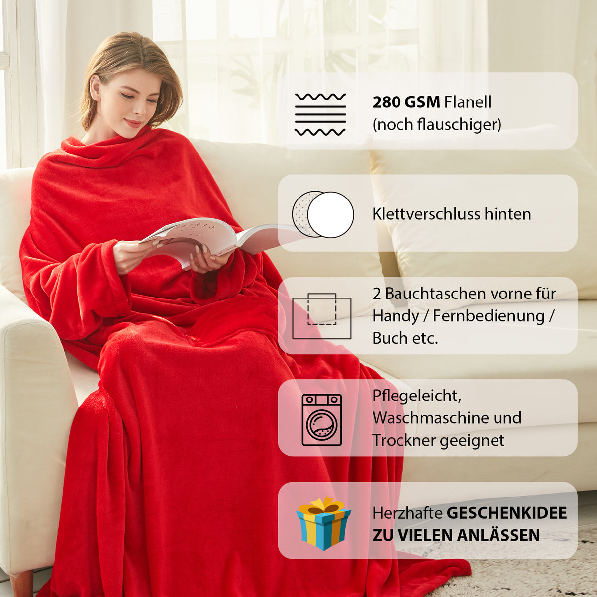 Kuscheldecke mit Ärmeln und Taschen, ausgefallenes Geschenk für Frauen, Geburtstagsgeschenk für Mama, Freundin, Schwester, Sofa TV Decke, Kuscheldecke, TV-Decke 150x200 cm, Rot