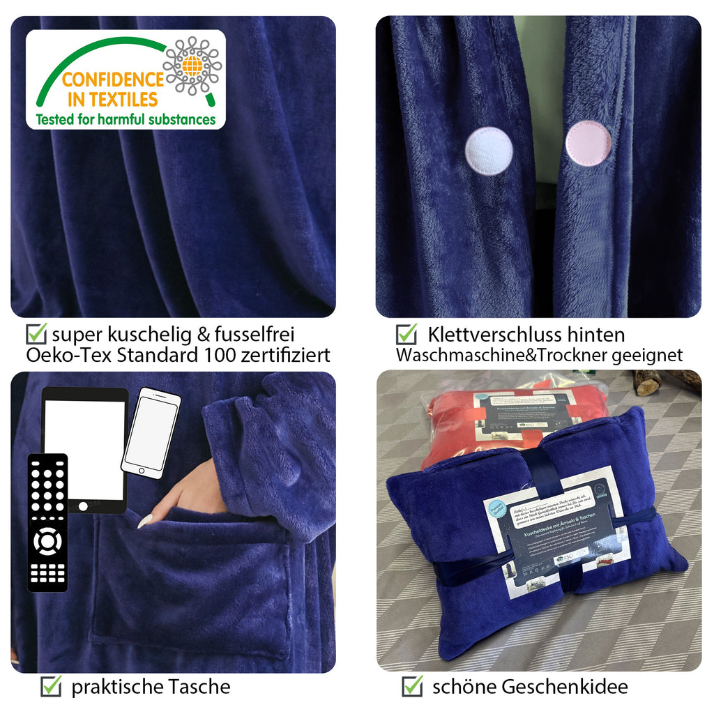 Kuscheldecke mit Ärmeln und Taschen, ausgefallenes Geburtstagsgeschenk für Frauen, Geschenk für Mama, Freundin, Schwester, Sofa TV Decke, Kuscheldecke, TV-Decke 150x200 cm, Blau