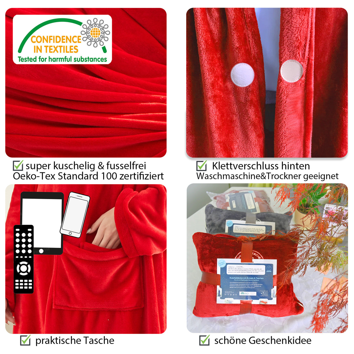 Kuscheldecke mit Ärmeln und Taschen, ausgefallenes Geschenk für Frauen, Geburtstagsgeschenk für Mama, Freundin, Schwester, Sofa TV Decke, Kuscheldecke, TV-Decke 150x200 cm, Rot