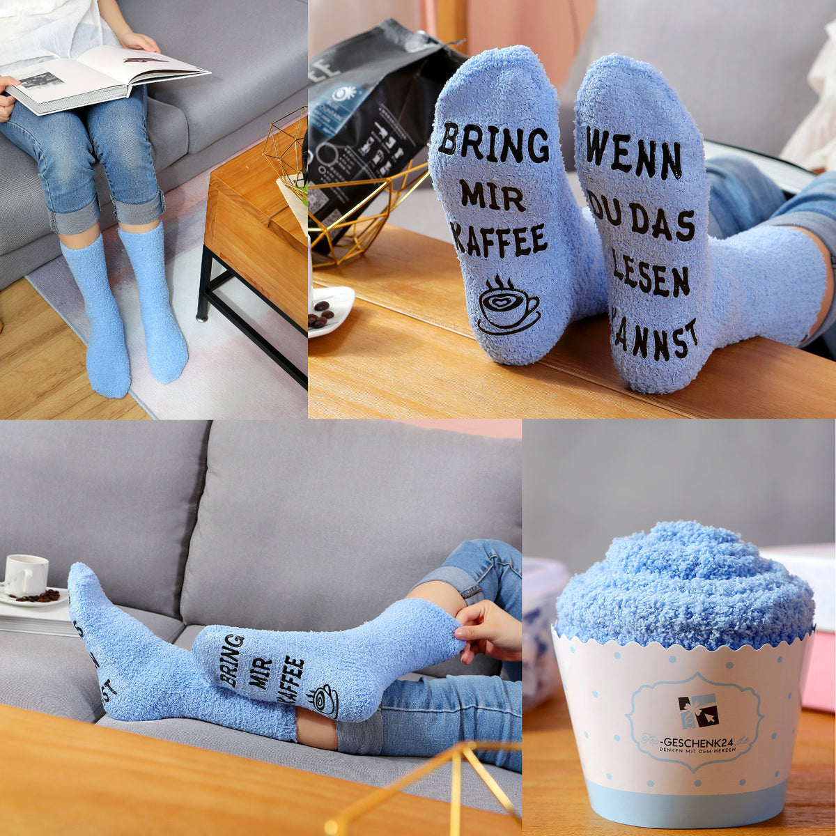 Cupcake Socken, Geschenk für Frauen, Kuschelsocken mit Spruch Wenn du das lesen kannst, bring mir Kaffee,  Geburtstagsgeschenk, 36-43