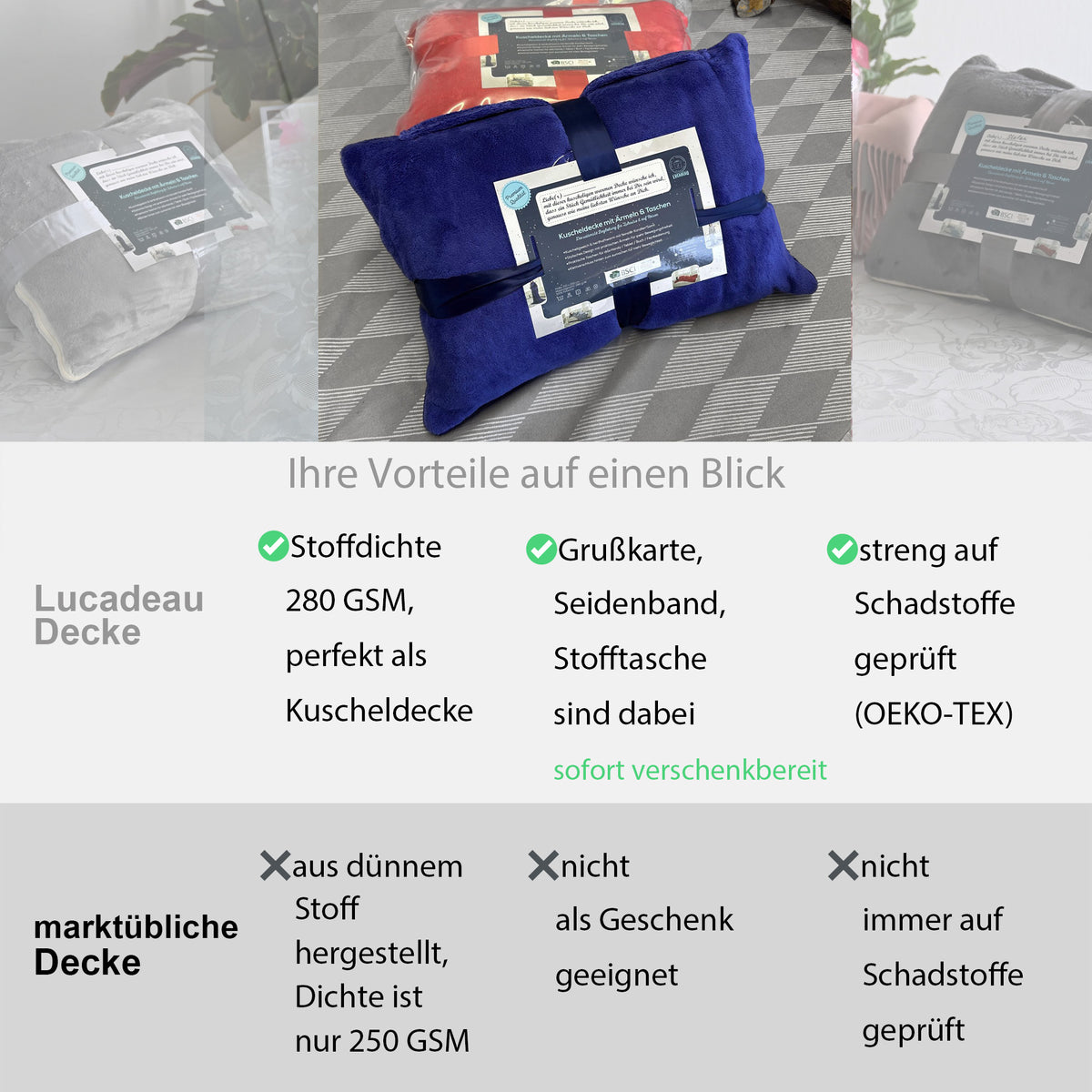 Kuscheldecke mit Ärmeln und Taschen, ausgefallenes Geburtstagsgeschenk für Frauen, Geschenk für Mama, Freundin, Schwester, Sofa TV Decke, Kuscheldecke, TV-Decke 150x200 cm, Blau
