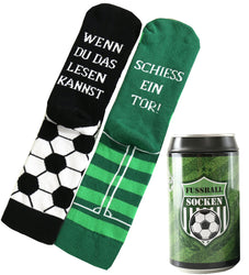 Fussball Socken in einer Geschenk-Dose, Geschenk für Männer zum Fussball Abend, Odd-Socks, 39-46, WENN DU DAS LESEN KANNST, SCHIESS EIN TOR! (Fussball-Feld)