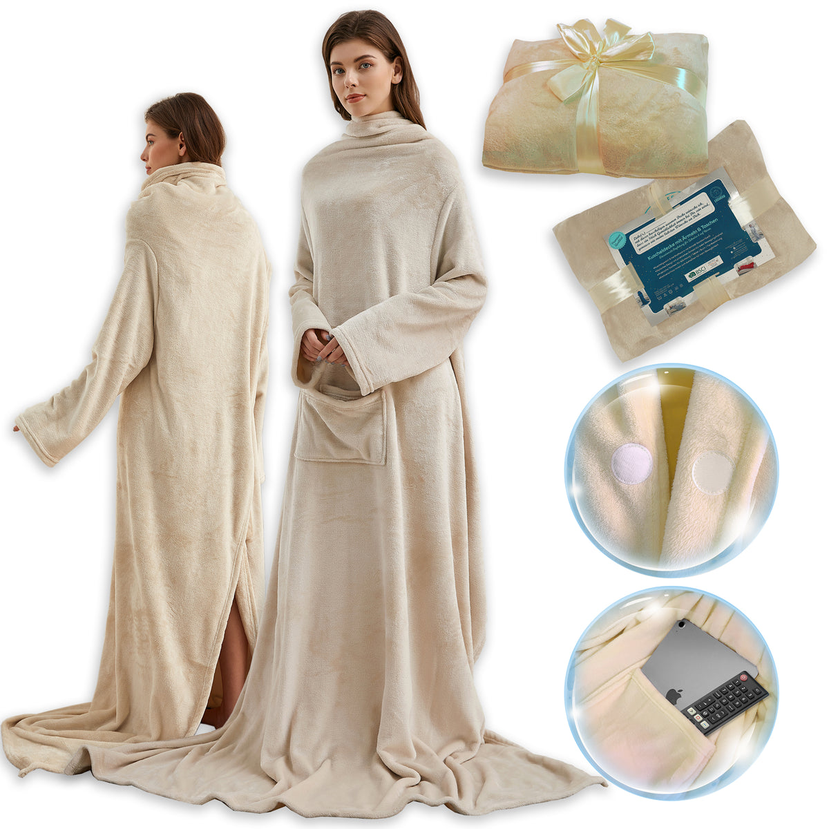 Kuscheldecke mit Ärmeln und Taschen, Geburtstagsgeschenk für Frauen, Geschenk für Mama, Freundin, Schwester, Sofa TV Decke, Kuscheldecke, TV-Decke 150x200 cm (Sand)