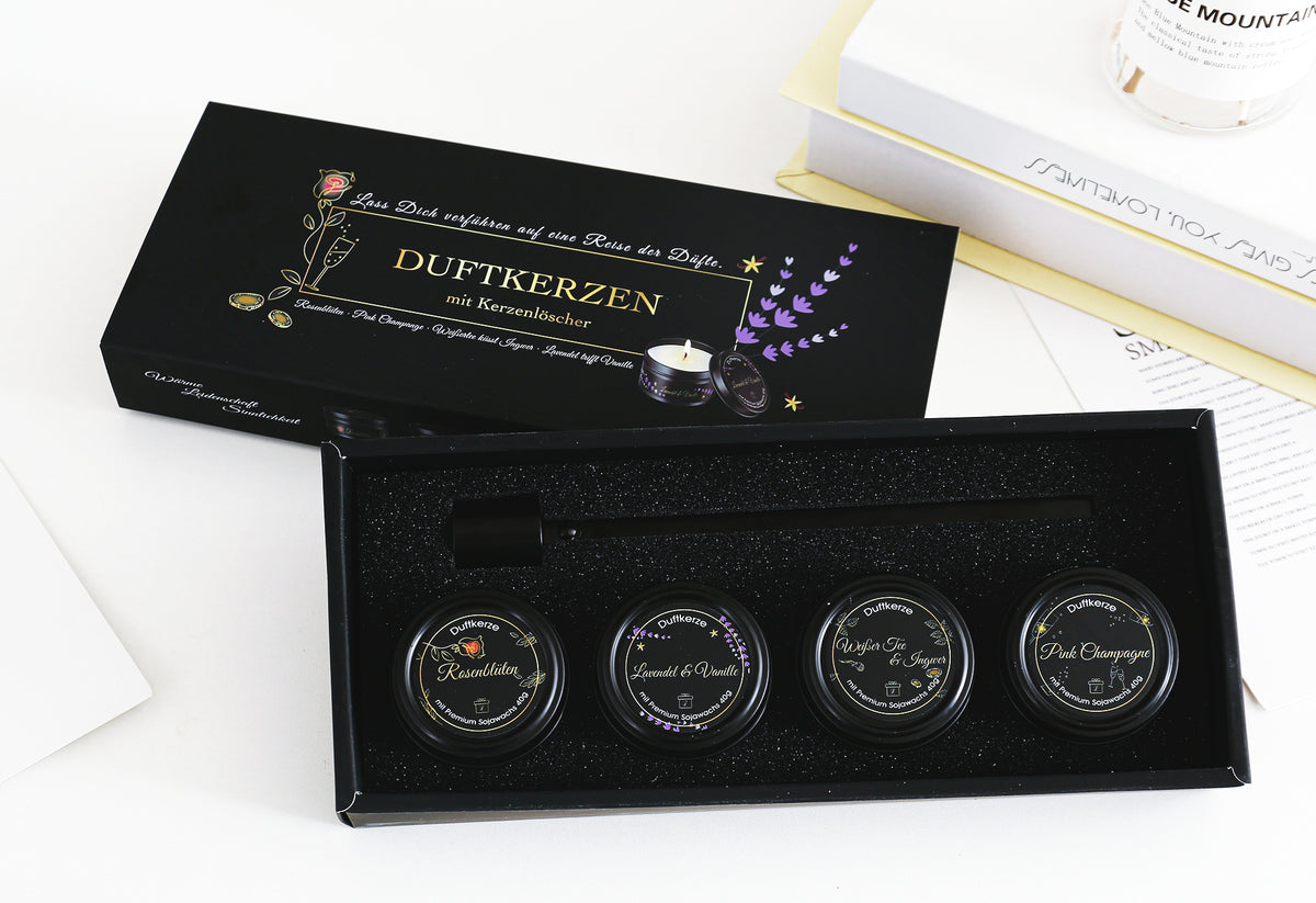 Geschenkset für Frauen, 4x Duftkerzen mit Kerzenlöscher, Geburtstagsgeschenk für Freundin, Mama, Schwester