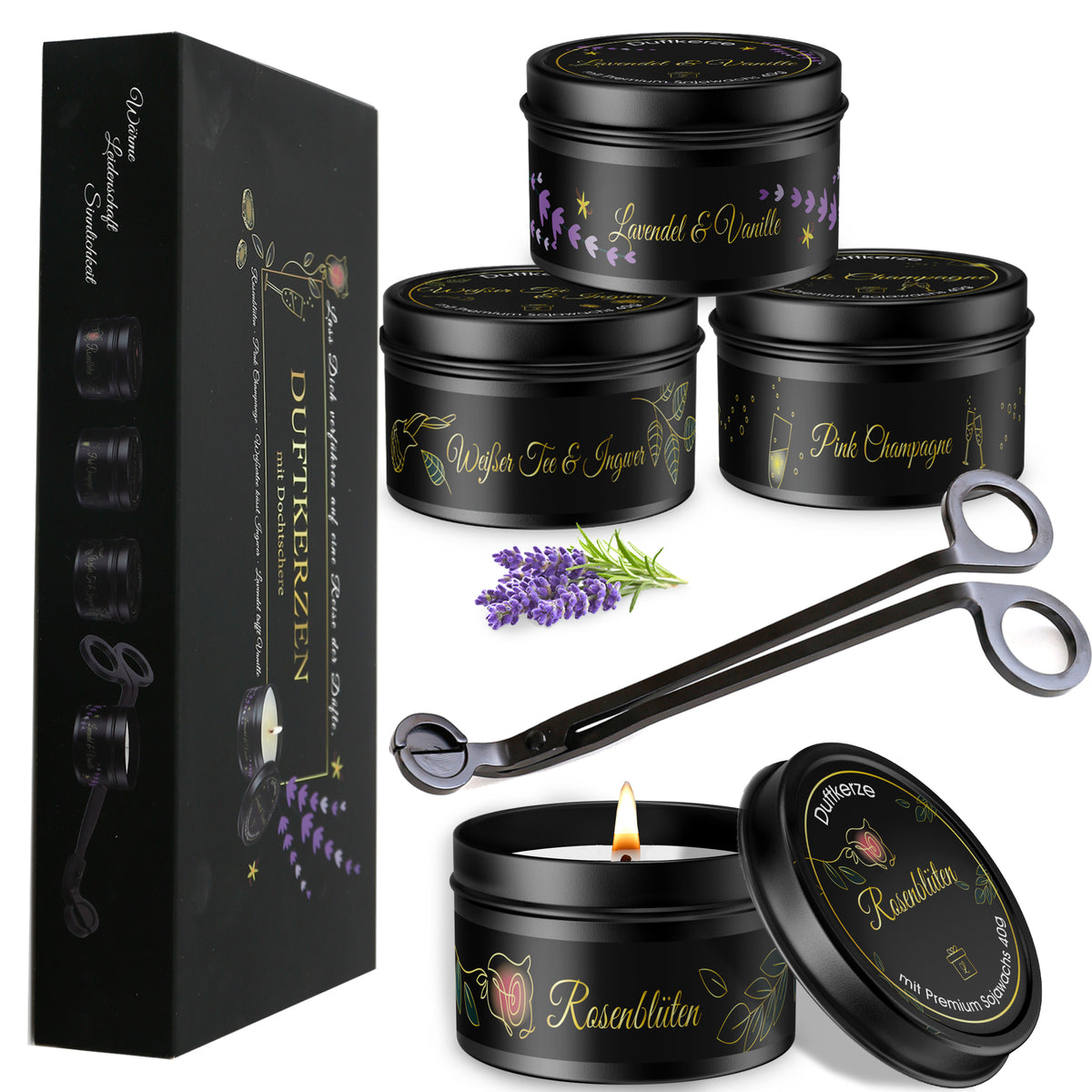 Geschenkset für Frauen, 4x Duftkerzen mit Dochtschere,  Geburtstagsgeschenk für Freundin, Mama, Schwester