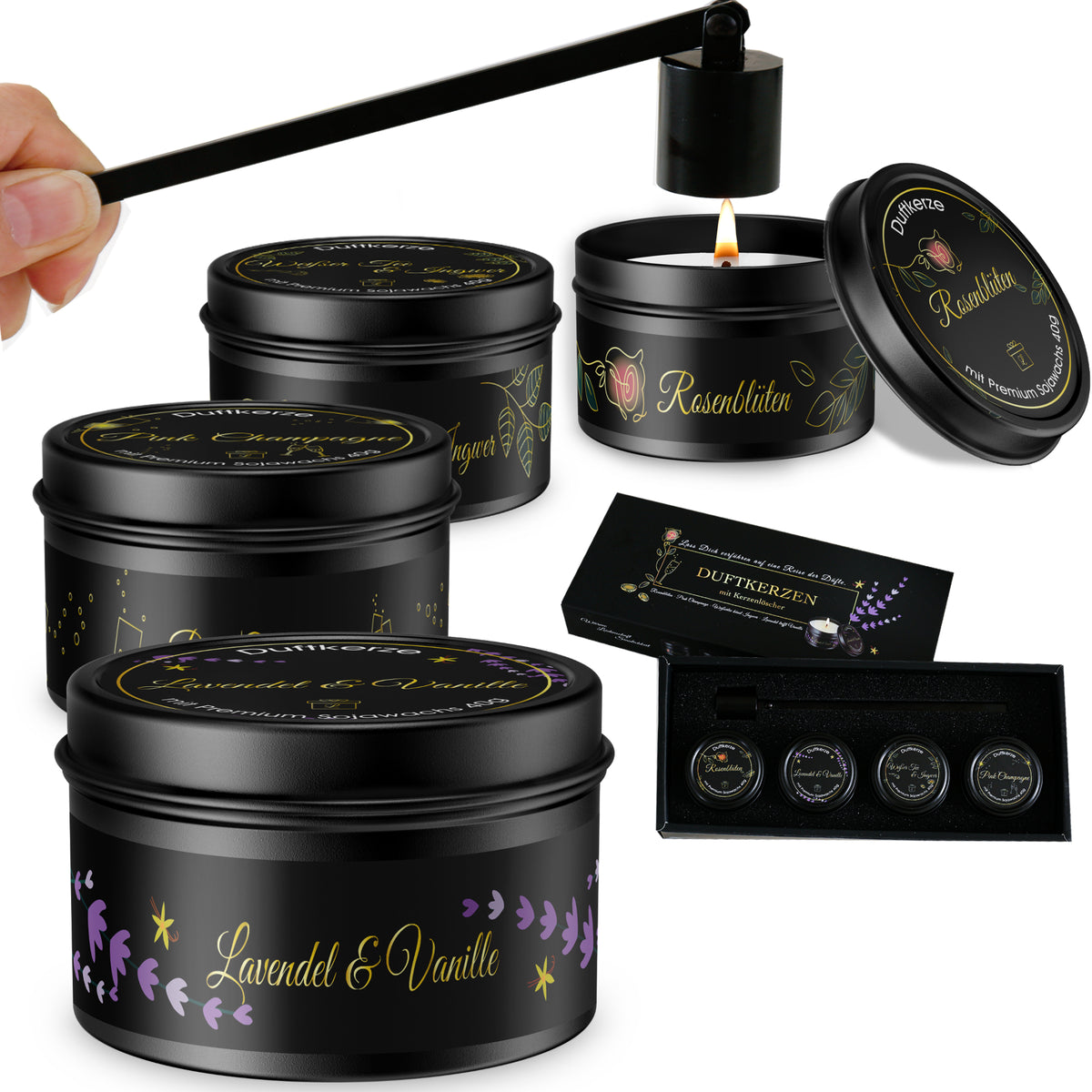 Geschenkset für Frauen, 4x Duftkerzen mit Kerzenlöscher, Geburtstagsgeschenk für Freundin, Mama, Schwester