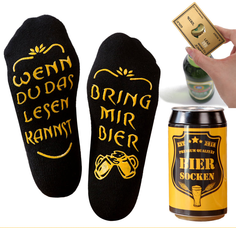 Bier Geschenk für Männer - Bier Socken mit Flaschenöffner aus Edelstahl in Mastercard GOLD Optik, Geschenk zum Geburtstag
