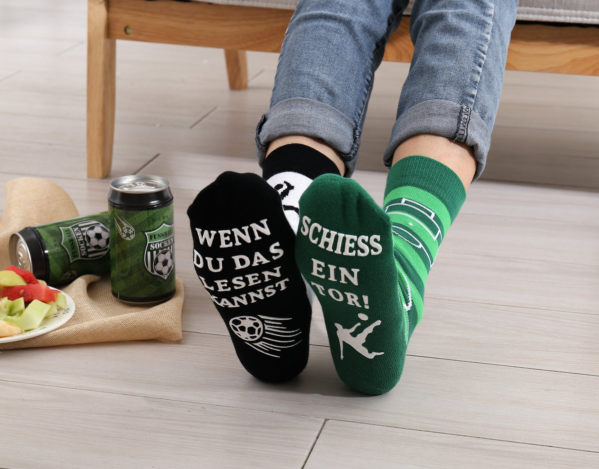 Fussball Socken Sportler in Geschenk-Dose, Geschenk für Männer zum Fussball Abend, Odd-Socks, WENN DU DAS LESEN KANNST, SCHIESS EIN TOR!, 39-46