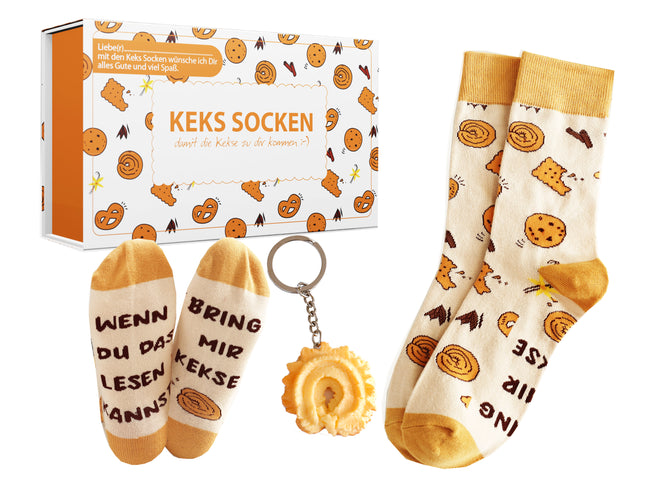 Geschenkset für Keksliebhaber, Keks Socken mit Spruch auf der Sohle und Keks Anhänger, Bring mir Kekse, Geburtstagsgeschenk für Mama Schwester, Freundin,  Gr. 37-43